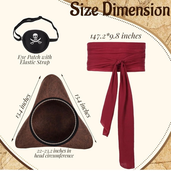 Pirate Hat for Women Men Colonial Tricorn Hat Halloween Pirate Costume 3PC - Picture 2 of 12